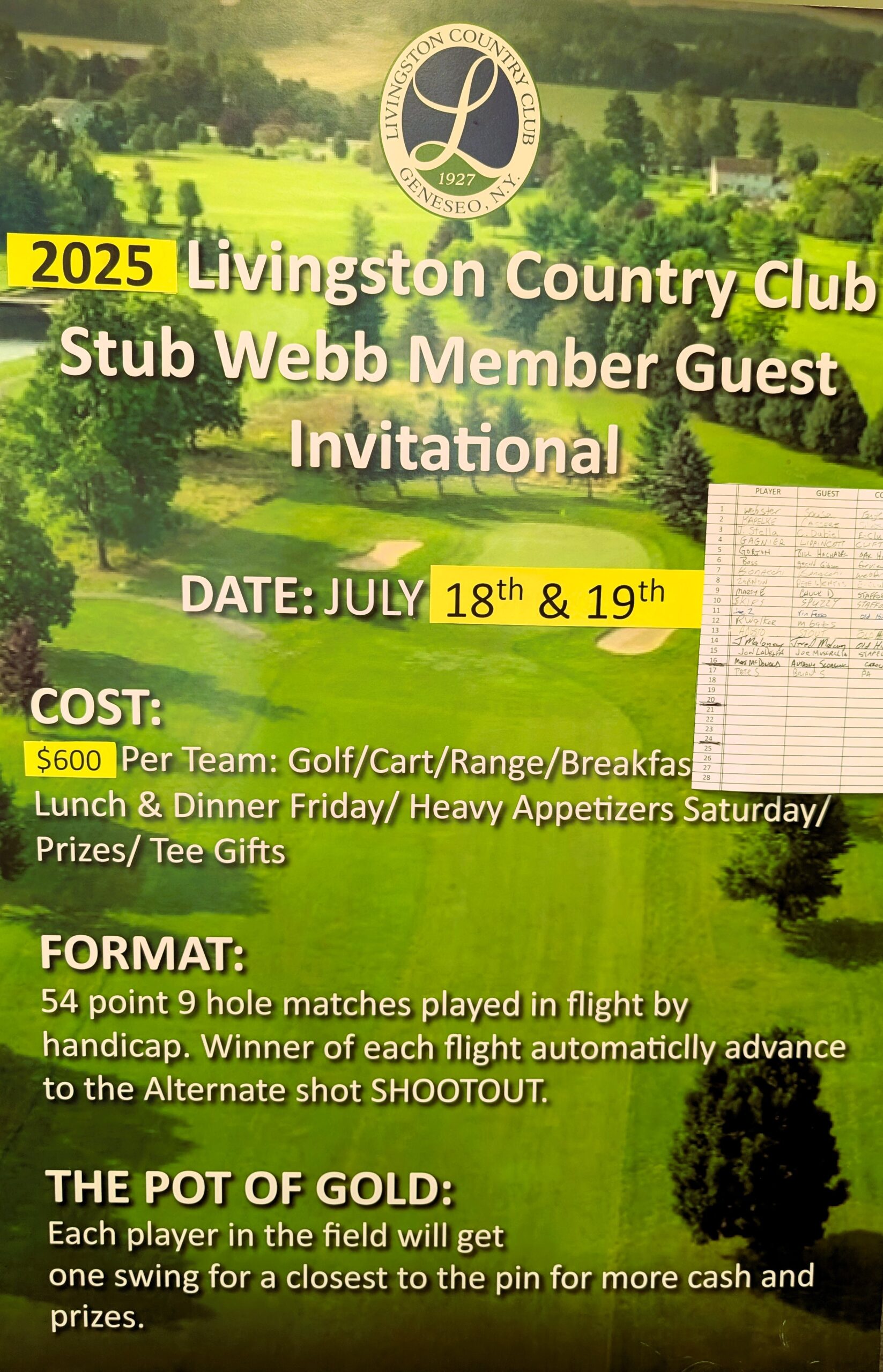 2025 Stub Webb Member Guest Invitational Sign Up Board